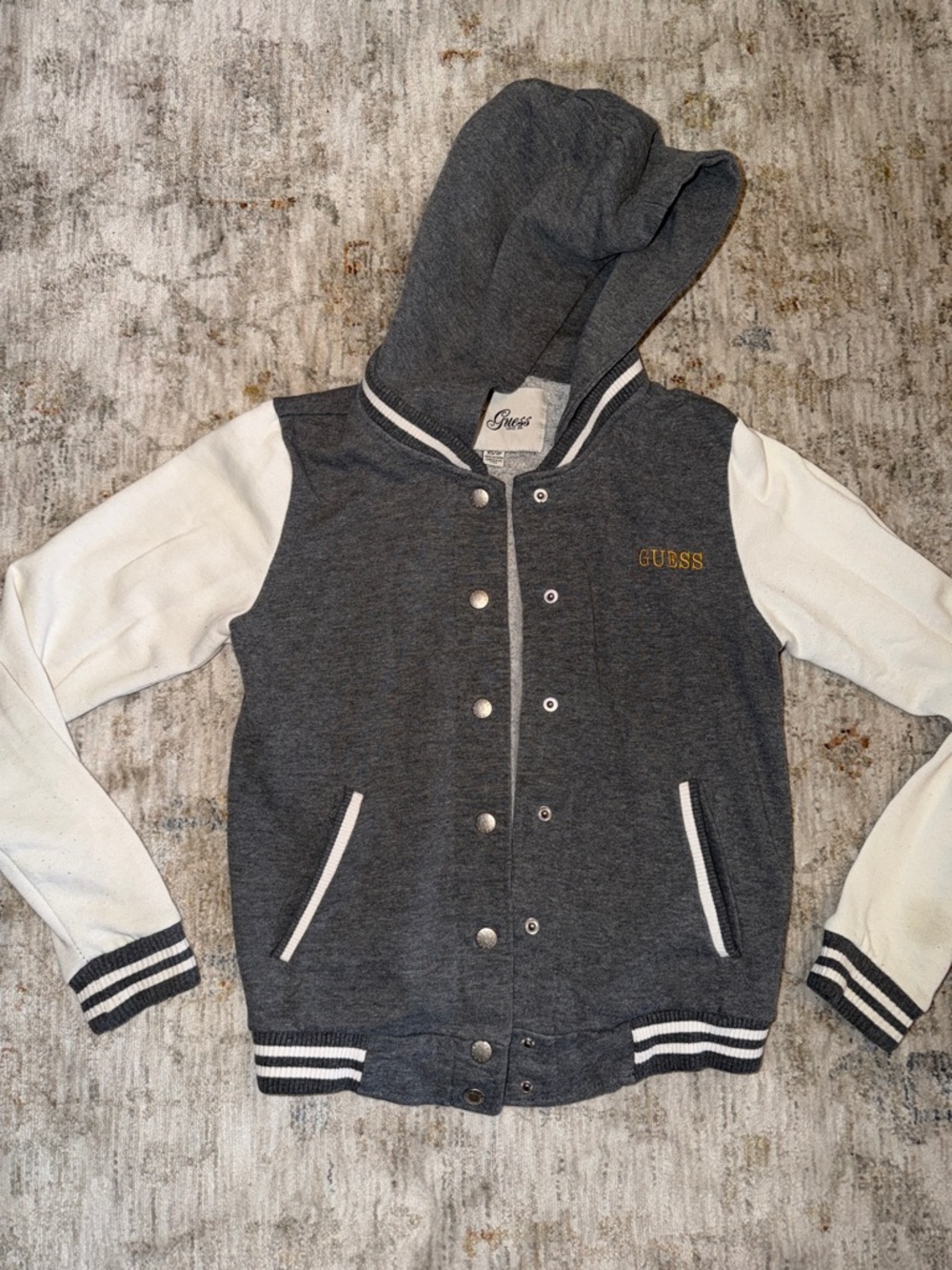 Guess Gray Hooded Letterman Jacket with White Trim